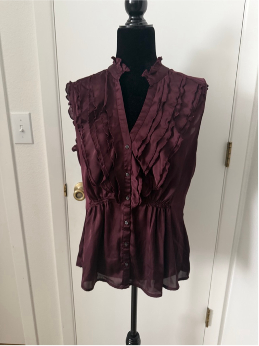 Y2K Converse One Star Ruffle Blouse XL Burgundy Satin Sheer Sleeveless Goth Coqu